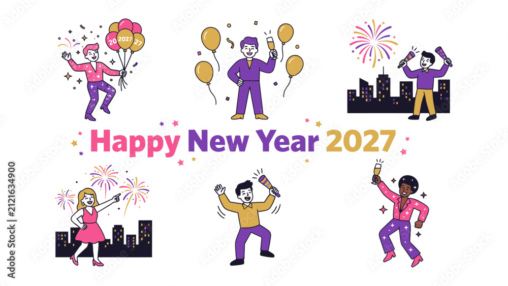Fototapeta premium Happy New Year 2027 Celebration: A vibrant collection of diverse people celebrating New Year's Eve with fireworks, balloons, champagne, and confetti, embodying the festive spirit of the coming year.