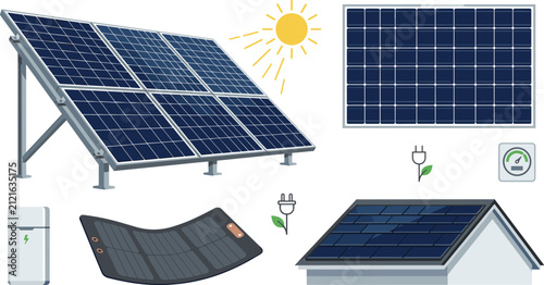 Solar Panels Set with Rooftop Array, Portable Charger, Battery, Sun, Plugs, and Energy Meter Icons