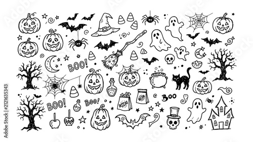 Halloween Doodles Collection: A whimsical collection of hand-drawn Halloween icons including pumpkins, ghosts, bats, witches' hats, spiders, and haunted houses.