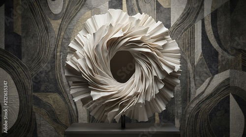 Abstract white porcelain sculpture. Contemporary fluid ceramic art with organic curved design.