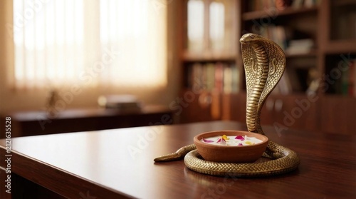 Golden cobra statue wrapped around clay bowl with milk, celebrating sacred hindu festival of nag panchami, placed on wooden desk, representing traditional indian religious worship ritual.