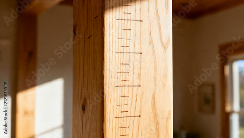 Close up of family growth height marks on oak wall