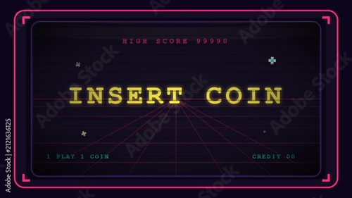 Insert Coin Arcade Screen Sequence in Neon Frame.