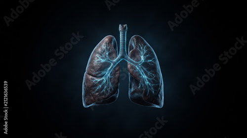 Human lungs displayed with glowing blue bronchial tubes representing respiratory health and medical science inside a dark realistic three dimensional digital render created for educational biology and
