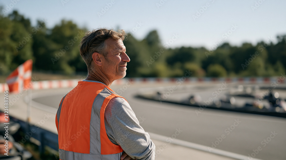 Fototapeta premium Go-kart marshal stands alone trackside in a hospital-adjacent rehabilitation center venue, hi-vis vest and flag in hand, the solitary figure framed against the empty circuit, the