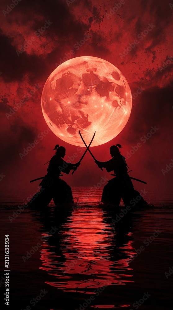Obraz premium Two samurai warriors duel with swords drawn under a huge red moon at dusk. Silhouettes stand in water, reflections on surface. Intense atmosphere, ancient Japan.