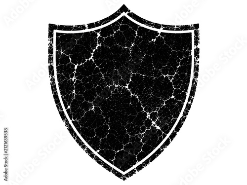 Black distressed shield emblem with cracked grunge texture isolated on transparent background for heraldic crests, gaming logos, and vintage design projects.