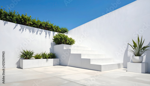 Modern White Outdoor Staircase with Lush Greenery and Blue Sky.