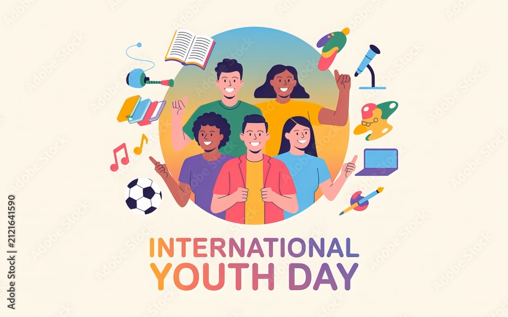 Fototapeta premium International Youth Day celebration diverse young students education creativity leadership innovation community empowerment equality inspiration modern vector poster design artwork
