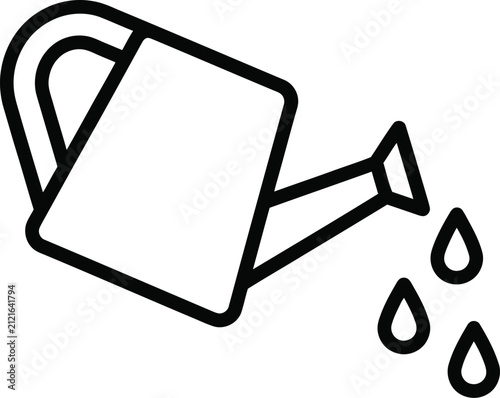 Minimalist outline icon of a garden watering can pouring water drops for horticulture