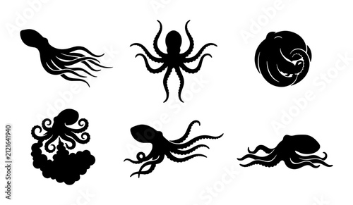Foto 70 Set of Six Black Octopus Silhouettes, Marine Life Vector Icons, Underwater Cr