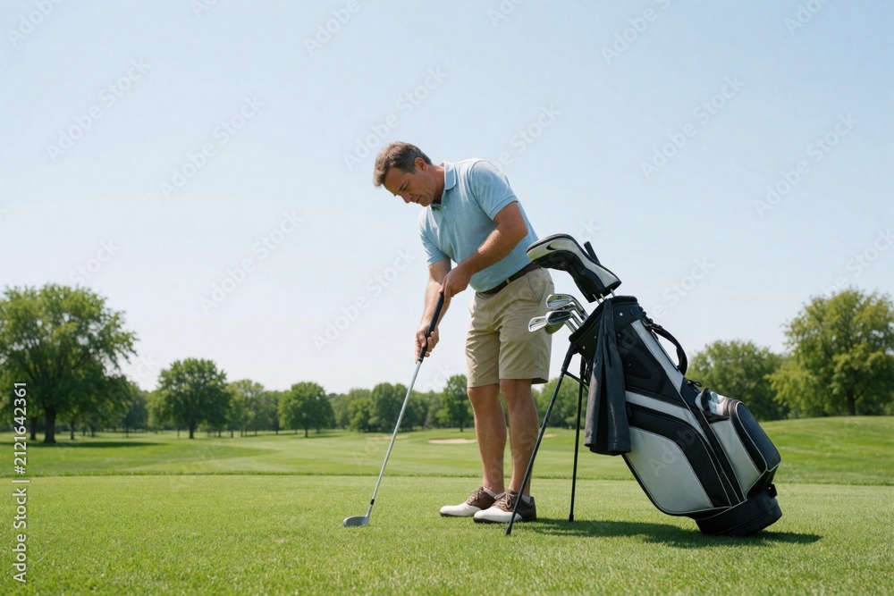 Obraz premium Mature golfer stands on green grass at golf course. Man checks equipment bag, club before shot. Pro player prepares for tournament game on sunny day at club. Male sportsman enjoys outdoor activity