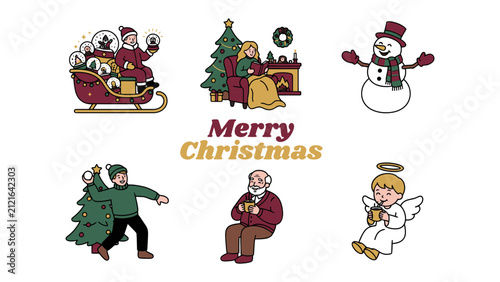 Konstfotografi Christmas Icons Set: A whimsical collection of festive illustrations capturing the magic of the holiday season, featuring Santa in his sleigh, a cozy family by the fire, a jovial snowman