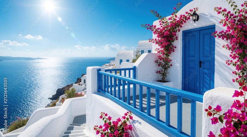 Obraz premium White house with blue doors and railings overlooks Aegean Sea. Pink bougainvillea blooms on balcony in Mediterranean village. Bright sun shines on calm ocean water and coastal scenery.