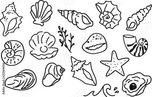 Hand Drawn Seashell Starfish Marine Life Outline Collection Vector