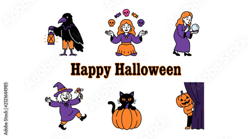 Cuadro en lienzo Happy Halloween Icons: A festive collection of charming Halloween-themed illustrations, including a raven with a lantern, a juggling witch, a fortune teller, a witch with a candy