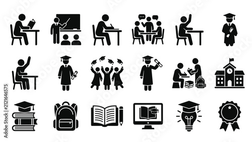 Education and Graduation Vector Icon Set Featuring Students Studying, Teachers Teaching in Classroom, University Graduates with Diplomas, School Building, Books, Online Learning, and Academic Achievem