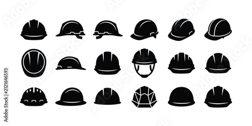 Hard Hat Solid Silhouette Icon Set Collection Featuring Construction Safety Helmets, Builder Protective Headgear, Industrial PPE, Engineering Equipment, and Editable Vector Pack