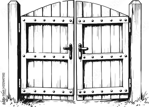 wooden garden gate illustration with metal hinges and latch, rustic fence entrance design