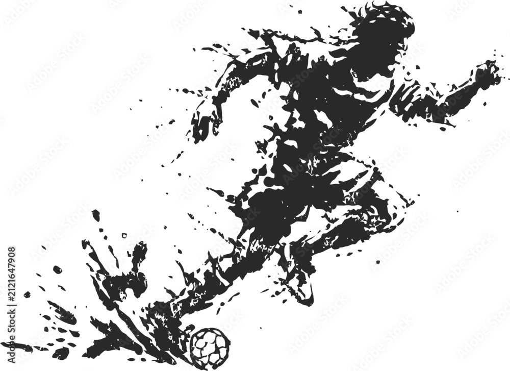 Obraz premium Dynamic soccer player kicking ball with splatter ink effect in energetic motion silhouette