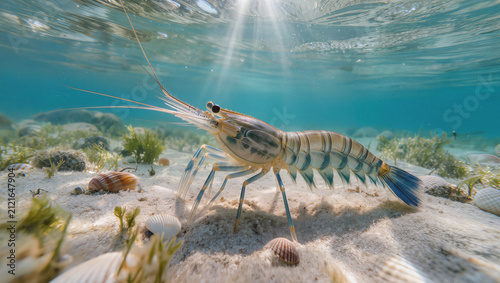 Adult Prawn Resting on Sandy Seabed in Natural Marine Habitat