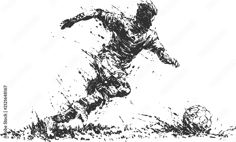 Obraz premium Dynamic soccer player kicking ball, splash ink drawing, black and white sports art