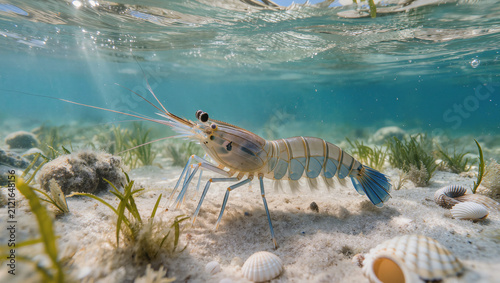 Adult Prawn Resting on Sandy Seabed in Natural Marine Habitat