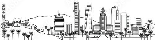 Los Angeles City Skyline Line Art Vector Illustration Featuring Famous Landmarks and Palm Trees