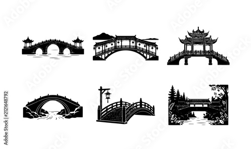 Fotografía 70 Set of 6 Traditional Asian Bridges, Silhouette Vector Illustrations of Archit