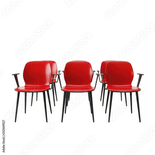Three red chairs arranged in a row