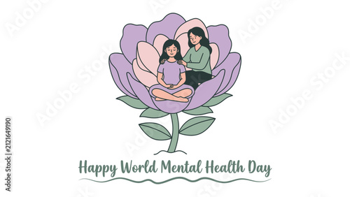 Inner Peace Blooms: Two women find solace and tranquility within a blooming lotus flower, symbolizing the growth and support crucial for mental well-being, especially on World Mental Health Day.