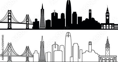 San Francisco City Skyline Vector Illustration Set in Black Silhouette and Line Art Style