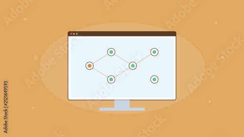automation workflow with connected nodes building up on a screen, orange color scheme