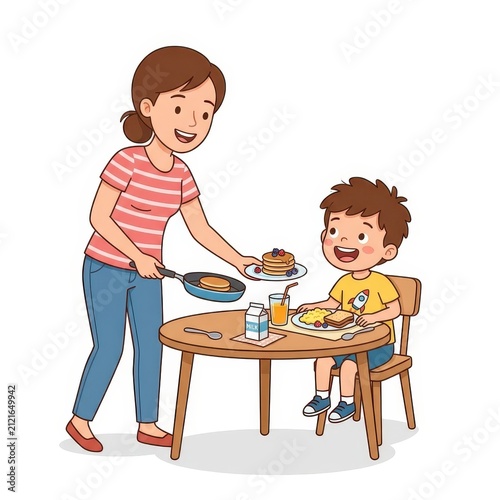 Mother serving pancakes to her son at breakfast