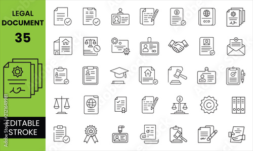Editable stroke legal document line icon collection including contracts, agreements, certificates, law, justice, paperwork, signatures, court files, and office documentation for legal businesses,
