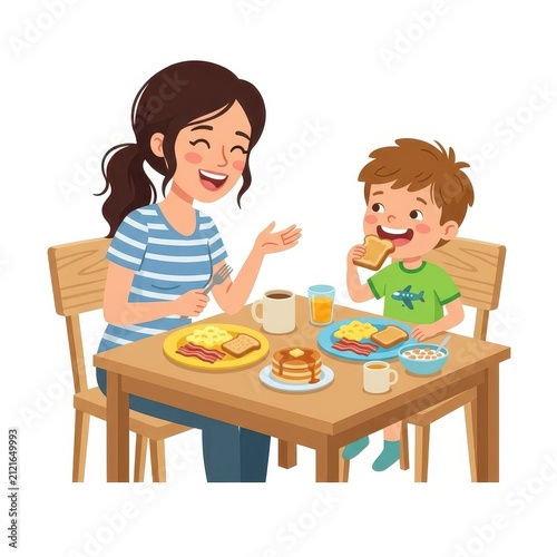Mother and son eating breakfast together
