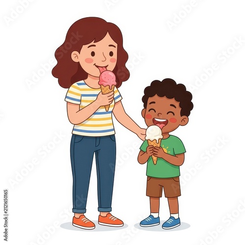Mother and son eating ice cream cones