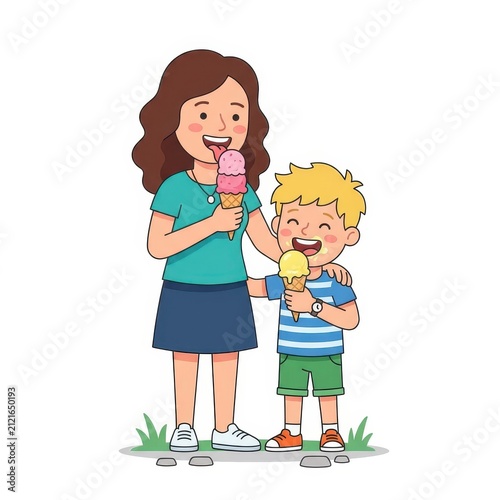 Mother and son enjoy ice cream on a sunny day