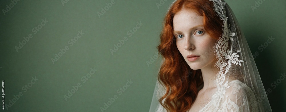 Obraz premium Red haired bride wears white lace veil on green background. Beautiful woman with freckles looks at camera during wedding preparation. Young lady in bridal dress enjoys romantic celebration. Portrait
