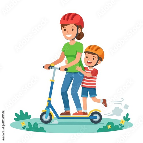 Mother and son riding a scooter together
