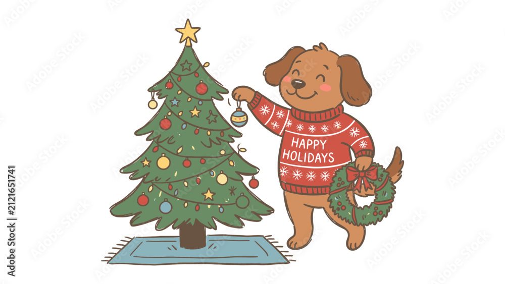 Fototapeta premium Festive Fido Decorates for Christmas: A cheerful cartoon dog, sporting a Happy Holidays sweater, lovingly places an ornament on a beautifully decorated Christmas tree while holding a festive wreath.