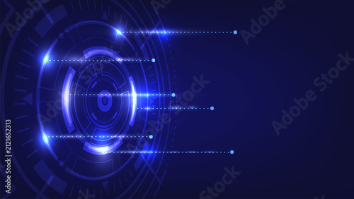 Abstract technology background with futuristic HUD interface, glowing blue digital network, circular dashboard, cyber control panel, and modern high-tech vector design with copy space