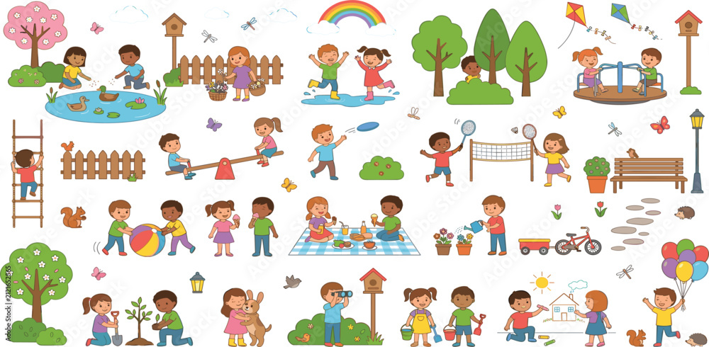 Fototapeta premium Happy kids outdoor activities in park vector illustration set with diverse children