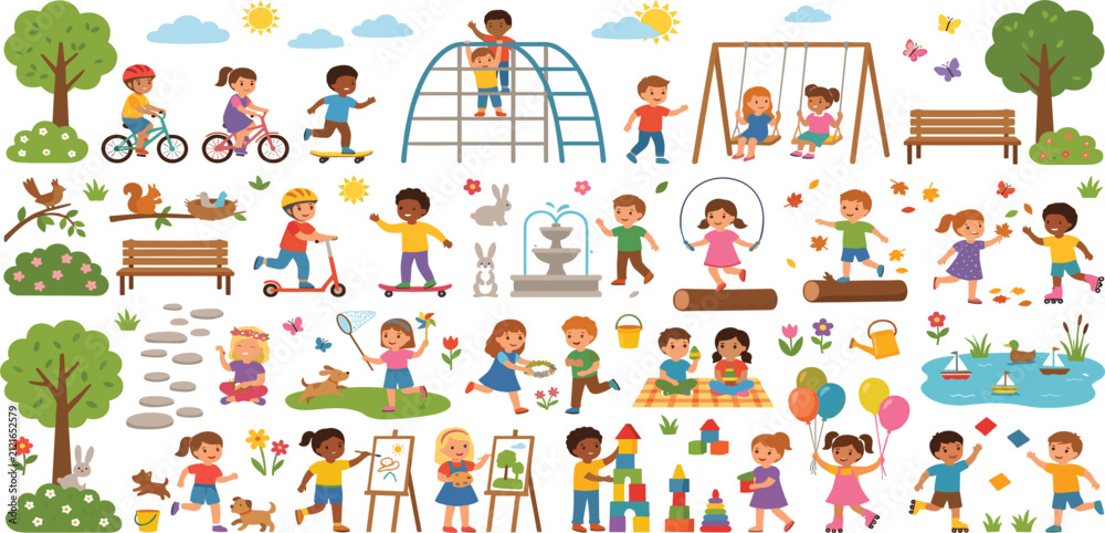 Fototapeta premium Diverse happy kids playing outdoor park activities and games vector illustration set
