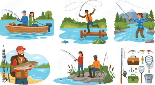 Foto Vector Illustration Set of People Fishing on Boats Rivers and Piers with Outdoor