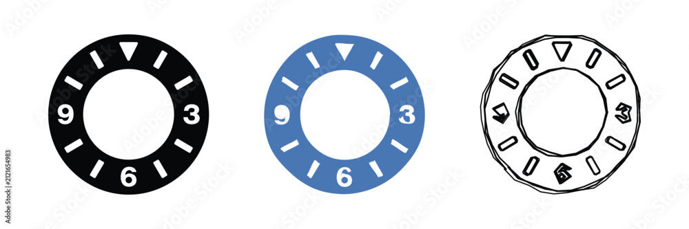 Fototapeta premium A collection of three circular dials, one black, one blue, and one sketched, each featuring numerical markers and directional indicators