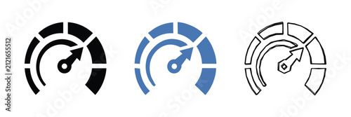 A set of three speedometer icons in black, blue, and outline styles, indicating speed and measurement