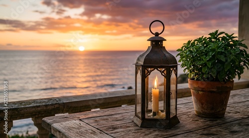 A decorative metal lantern with a glowing candle sitting on a stone wall overlooking a beautiful ocean sunset
