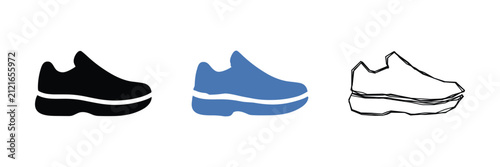 A black silhouette, a blue solid icon, and a hand-drawn outline of a sneaker are presented together