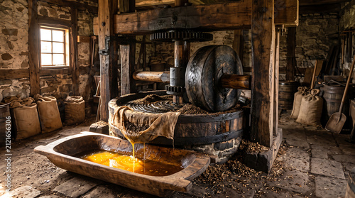 Traditional oil pressing scene, aged stone mechanism, oil-saturated darkened press, husks scattered, warm afternoon intimate setting